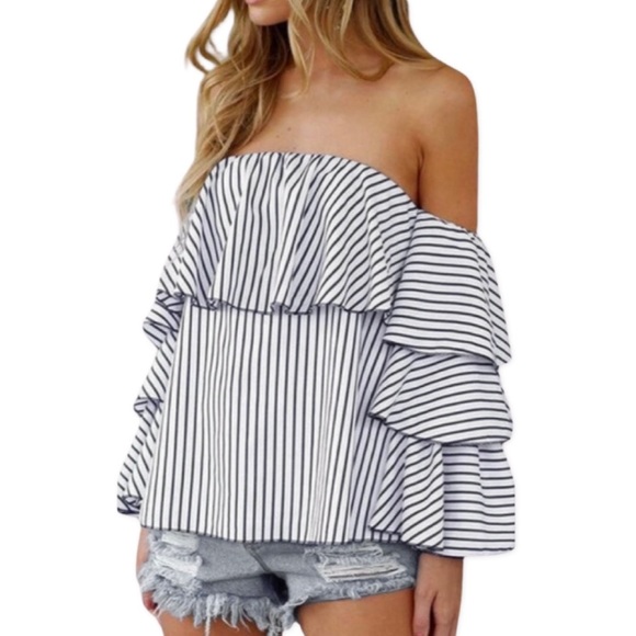 Striped Off The Shoulder Tiered Blouse - Picture 3 of 8
